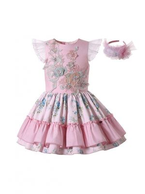 (ONLY 5Y)Girls Sundress Crewneck Sleeveless Floral Patterns Pink Dress + Handmade Headband