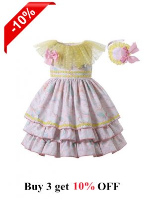 Pink Print Double-layered Bows Girls Yellow Dress + Headband