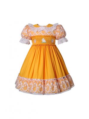 Girls Orange Puff Sleeve Lace Smocked Dress for Easter