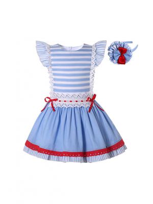 Classic Blue Stripes Girl Dress + Handmade Headband