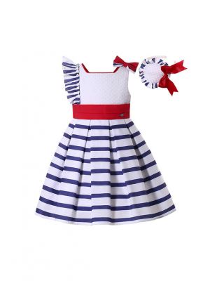 Girls Sleeveless White & Blue Striped Dress
