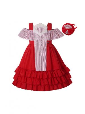 Girls Square Collar Red Ruffle Dress + Handmade Headband.