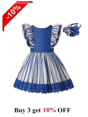 Girls Blue & Cream Striped Summer Dress + Headband