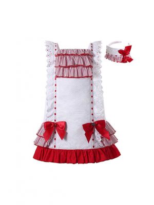 Girl Summer Red White Sleeveless Dress with Bow + Handmade Headband