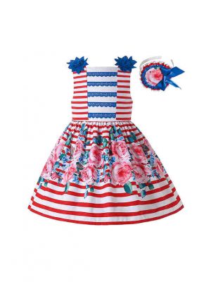 Independence Day Summer Red Striped Flower Dress + Handmade Headband