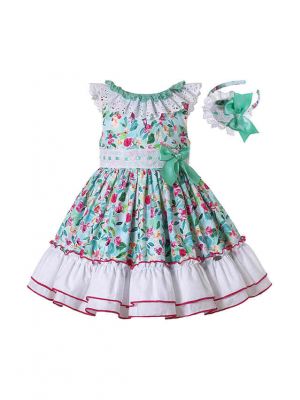 Flower Ruffle Green Girl Dress + Handmade Headband