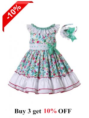 Flower Ruffle Green Girl Dress + Handmade Headband