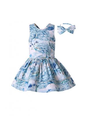 Blue Peacock Summer Girls Dress + Handmade Headband