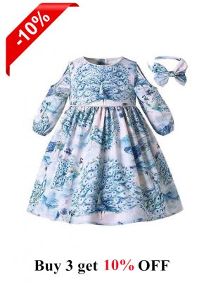 Blue Peacock Girls Spring Dress + Handmade Headband