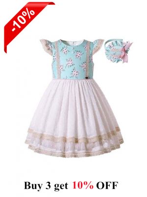 (ONLY 2Y 3Y)Girls Floral Lace Dress + Handmade Headband