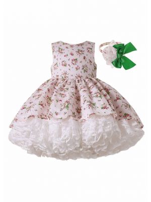 Cream color Sleeveless Floral Roundneck Lace Dress + Handmade Headband