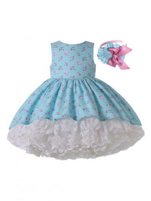 Blue Floral Lace Ruffle Dress + Handmade Headband