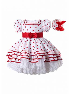 Red Dots Lantern Sleeve White Dress + Handmade Headband