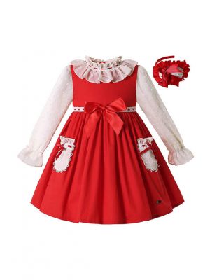(ONLY 4Y, 10Y) Sweet Long Sleeve Red Dress for Girls + Handmade Headband