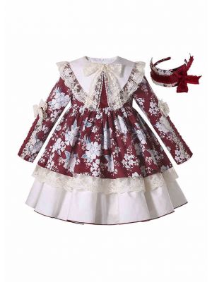 Burgundy Color Sweet Floral Lace Girls 2 Layer Dress + Handmade Headband