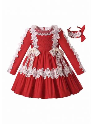 (ONLY 4Y)Autumn & Winter White Lace Bow Red Ruffle Dress + Handmade Headband