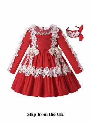 (UK Only) Autumn & Winter White Lace Bow Red Ruffle Dress + Handmade Headband