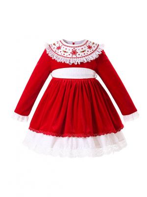 Girls' red velvet embroidered Christmas dress