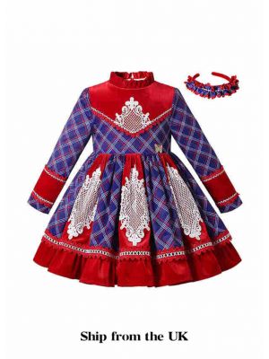 (UK Only) Fall & Winter Crew Neck Vintage Girls Dress + Handmade Headband