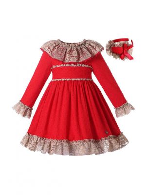 Double-layered Collar Girls Red A-line Dress for Fall & Winter + Handmade Headband