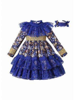 (UK Only) Blue Long Sleeve AW Girls Lace Floral Dress + Handmade Headband