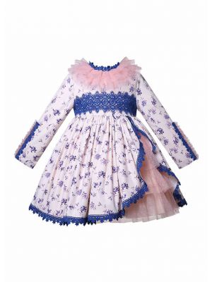Girls Blue Lace Mesh Spanish Dress