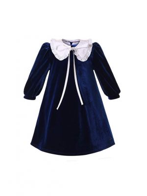 Navy Blue Velvet Vintage A-line Long Sleeves Dress