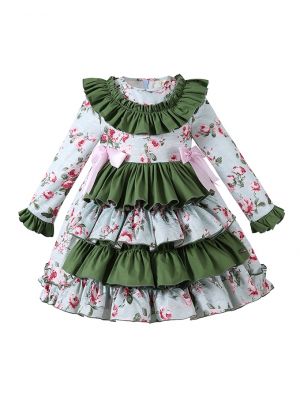 Blue and Green Layered Cake Dress with Printed Flower