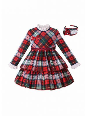 (ONLY 2Y)Holiday Plaid 2 Layers Ruffles Dress + Headband