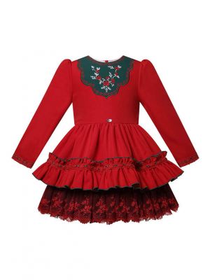 Girls' Red & Green Embroidered Dress with Lace