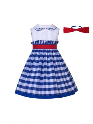 Girls Blue Plaid Embroidery Dress