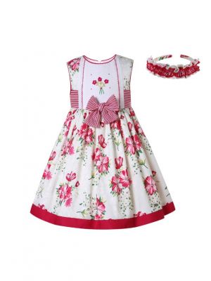 Girls Red and White Floral Embroidery Dress