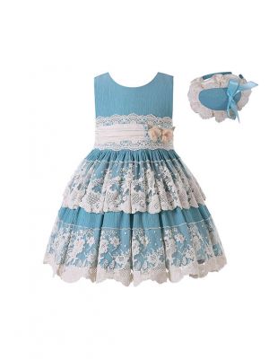 (PRE-ORDER)Girls Sky Blue Flower Lace Dress + Headband
