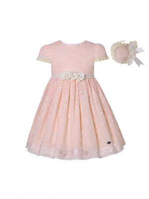 (Only size 4 5 left)Girls Pink Floral Emboidered Vintage Lace Dress + Headband