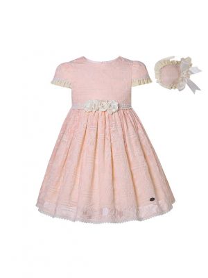 Girls Pink Floral Emboridered Vintage Lace Dress + Headband