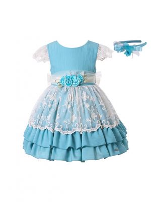 (PRE-ORDER)Summer Girls Sky Blue Princess Dress With Layered Lace + Handmade Headband