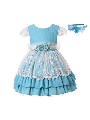 Summer Girls Sky Blue Princess Dress With Layered Lace + Handmade Headband