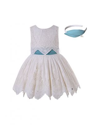 Girls Summer White Lace Dress With Blue Sash  + Handmade Headband