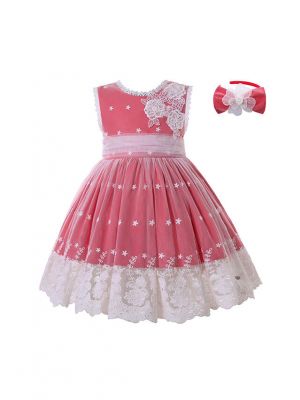Pink Girls Flower Embroidery Tulle Dress + Handmade Headband