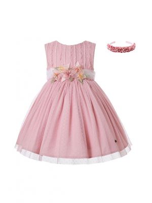 Summer Girls Pink Mesh Dress with Lace Tulle Flower Waist Trim + Handmade Headband