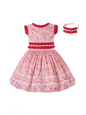 Girls Floral Lace Red & Pink Dress + Handmade Headband