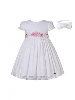(PRE-ORDER)Girls White Lace Dress with Pink Flower Sash + Headband