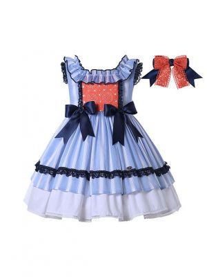 (PRE-ORDER)Girls SleevelessBlue and White Striped Ruffle Lace Dress with Bows