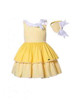 Spring and Summer Girls Sleeveless Yellow Easter Dress with Handmade Headband