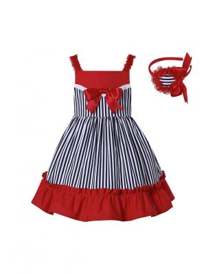 Black White Vertical Stripes Red Ruffle Dress + Handmade Headband