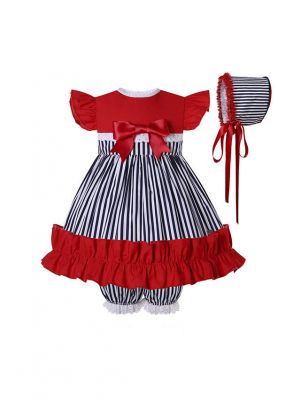 Black White Vertical Stripes Red Baby Ruffle Dress + Shorts + Hat