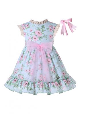 Beautiful Girls Dress with Pink Floral Bow + Headband