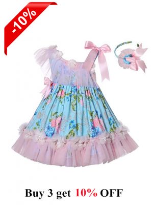 Blue & Pink Chiffon Ruffled Dress + Handmade Headband