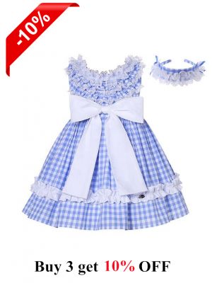 Girls Summer Blue Plaid Dress + Handmade Headband