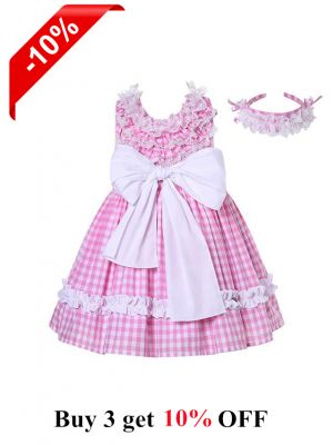 Girls Summer Pink Plaid Dress + Handmade Headband